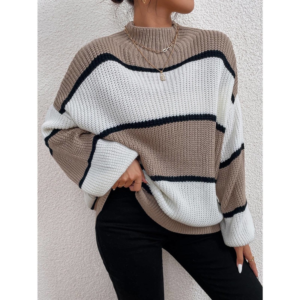 Color Block striped Mock Neck oversized Sweater tan white black - Picture 1 of 6